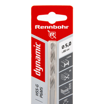 Сверло по металлу 5,00*86/52мм HSS-G P6M5 (1шт) блистер арт.675050 DYNAMIC RENNBOHR *10/40/640