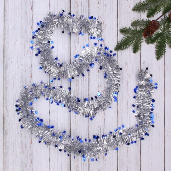 Мишура 2м 6см "Звездочки", Серебро/синий