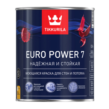 Краска акриловая 0.9 л для стен и потолков Tikkurila Euro Power 7, белая база А, матовая