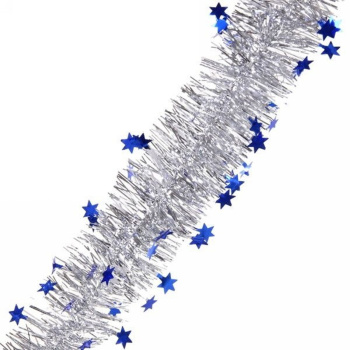 Мишура 2м 6см "Звездочки", Серебро/синий